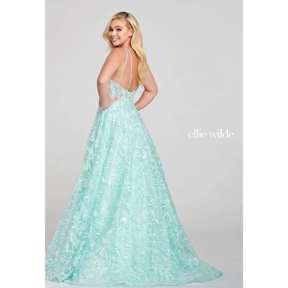 Ellie Wilde Mon Cheri Prom Dress. Size 6. Sea foam Green w/opalescent sequins. - Picture 2 of 14